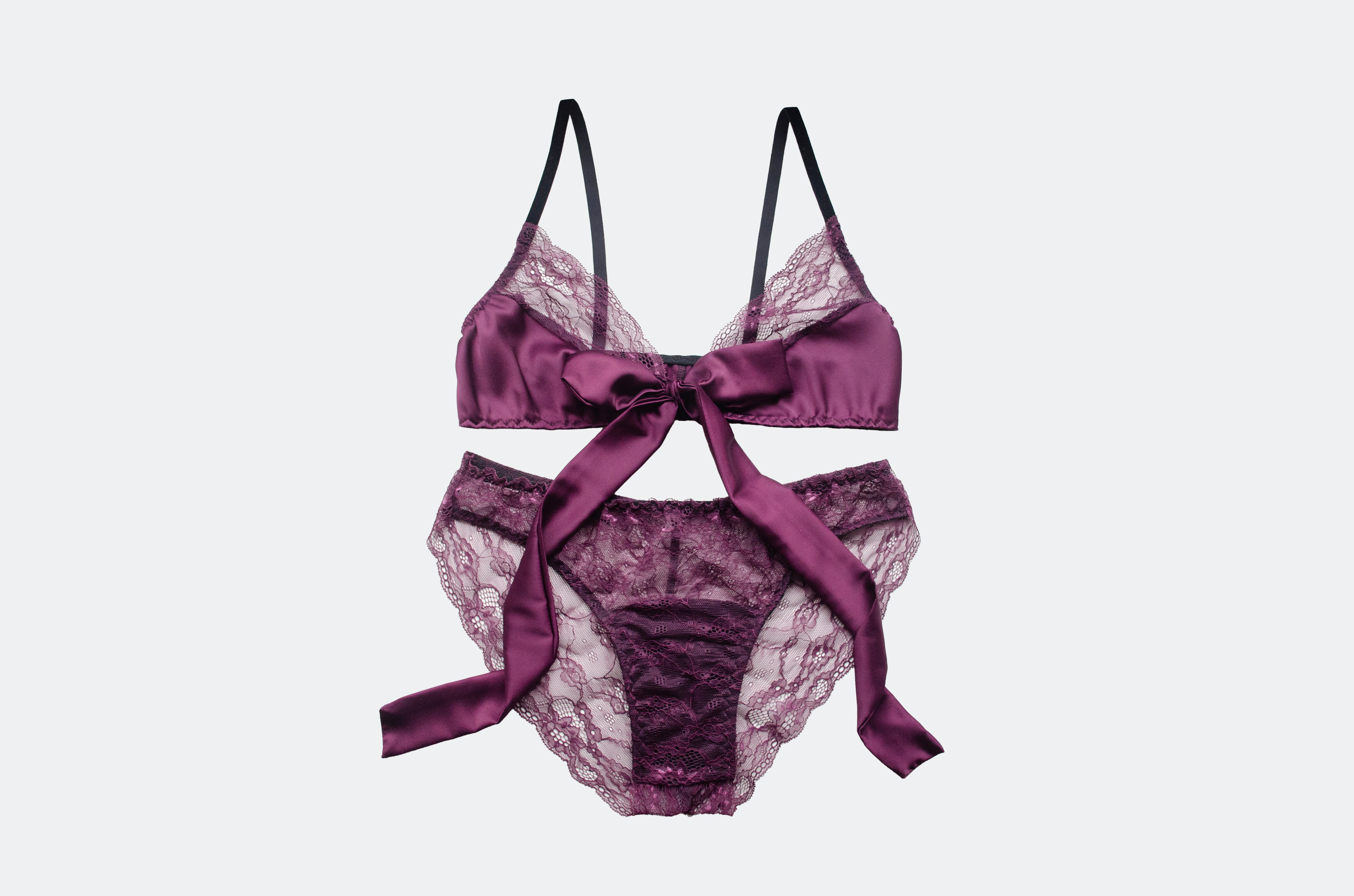 Plum Tie Front Satin and Lace Set
