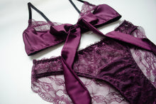 Load image into Gallery viewer, Plum Tie Front Satin and Lace Set