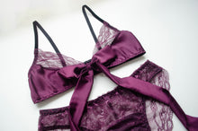 Load image into Gallery viewer, Plum Tie Front Satin and Lace Set