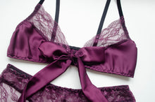 Load image into Gallery viewer, Plum Tie Front Satin and Lace Set
