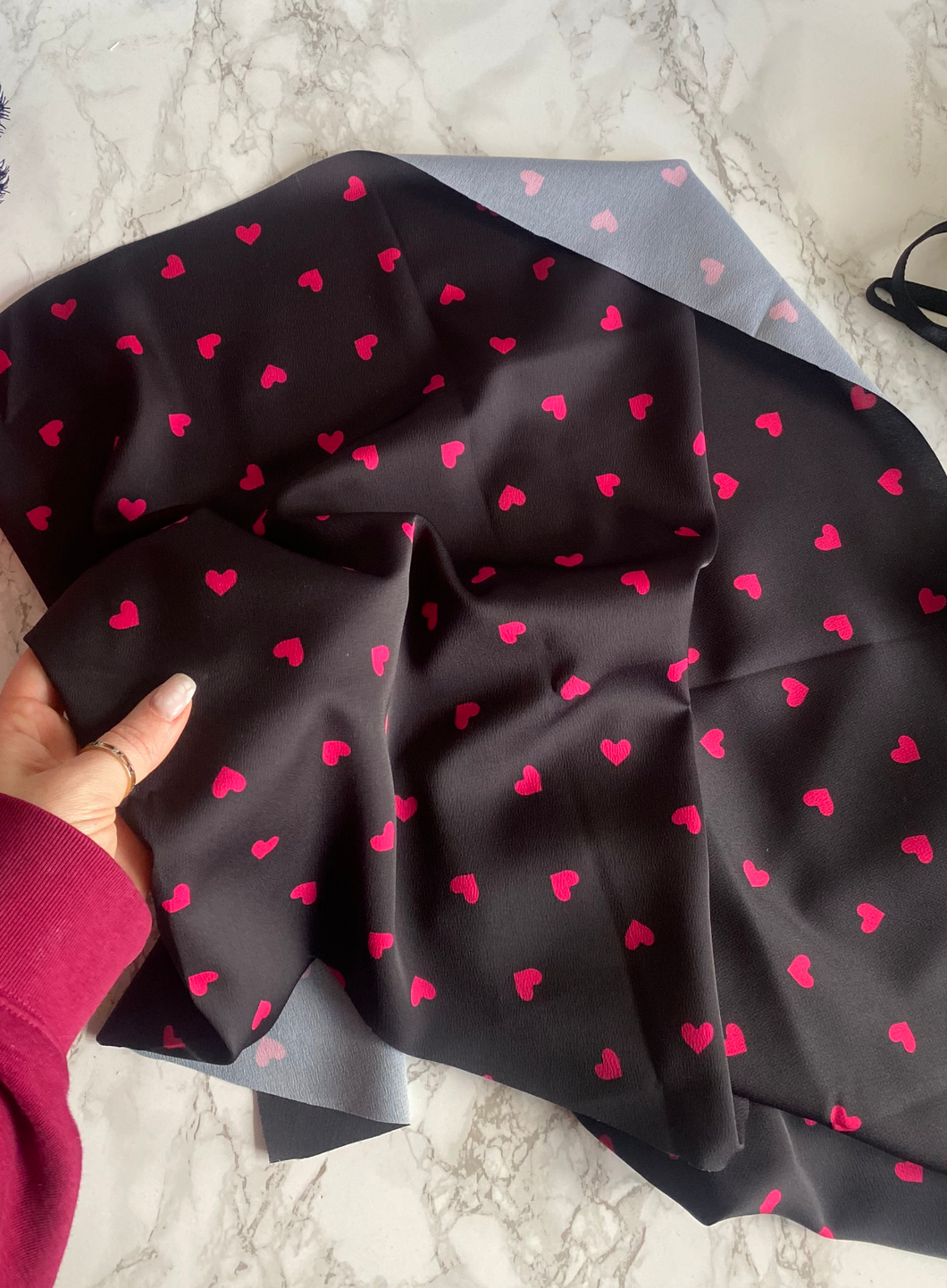 Black + Pink Heart Fabric - 1M